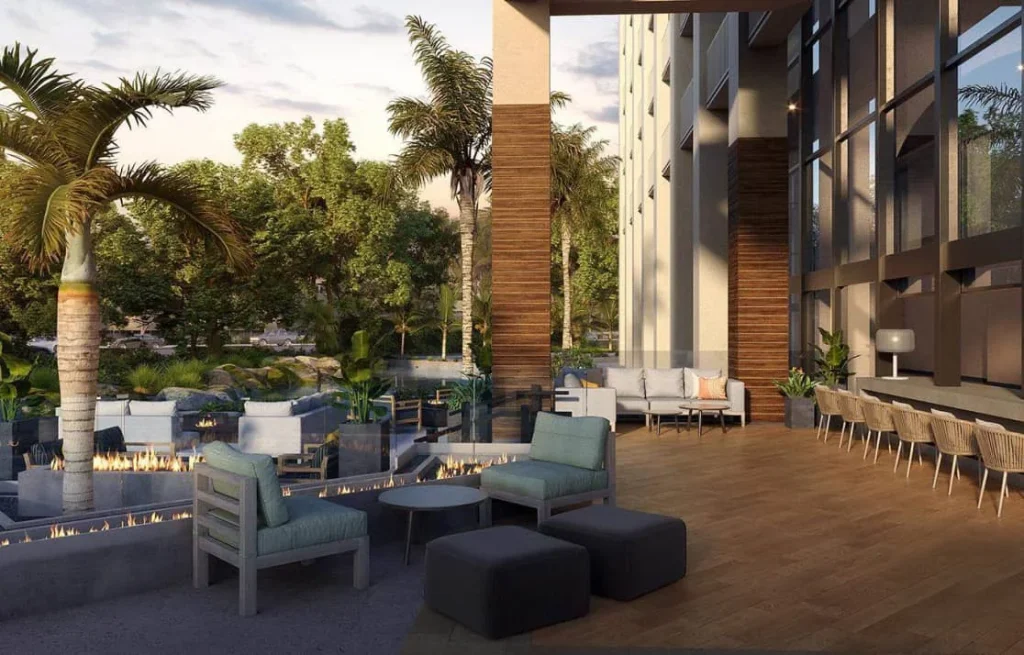 exterior view of patio and fireplace area of hotel