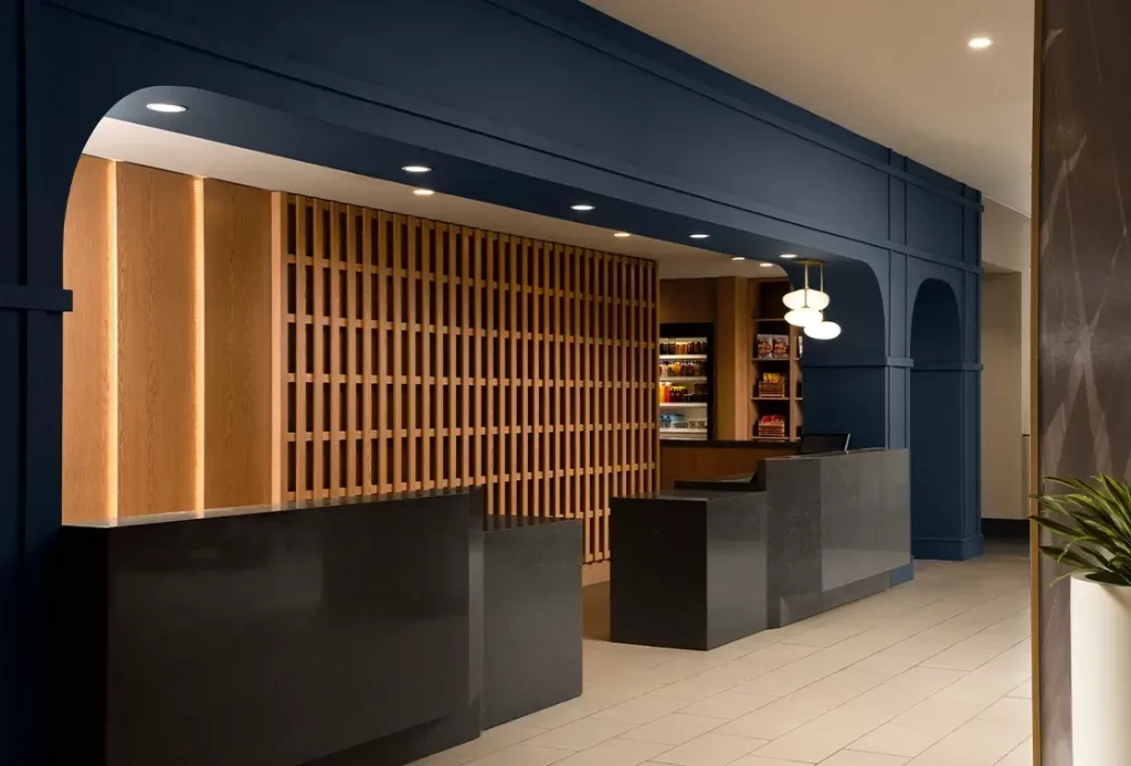 front view of front desk inside of lobby
