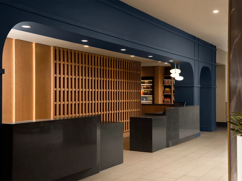 front view of front desk inside of lobby