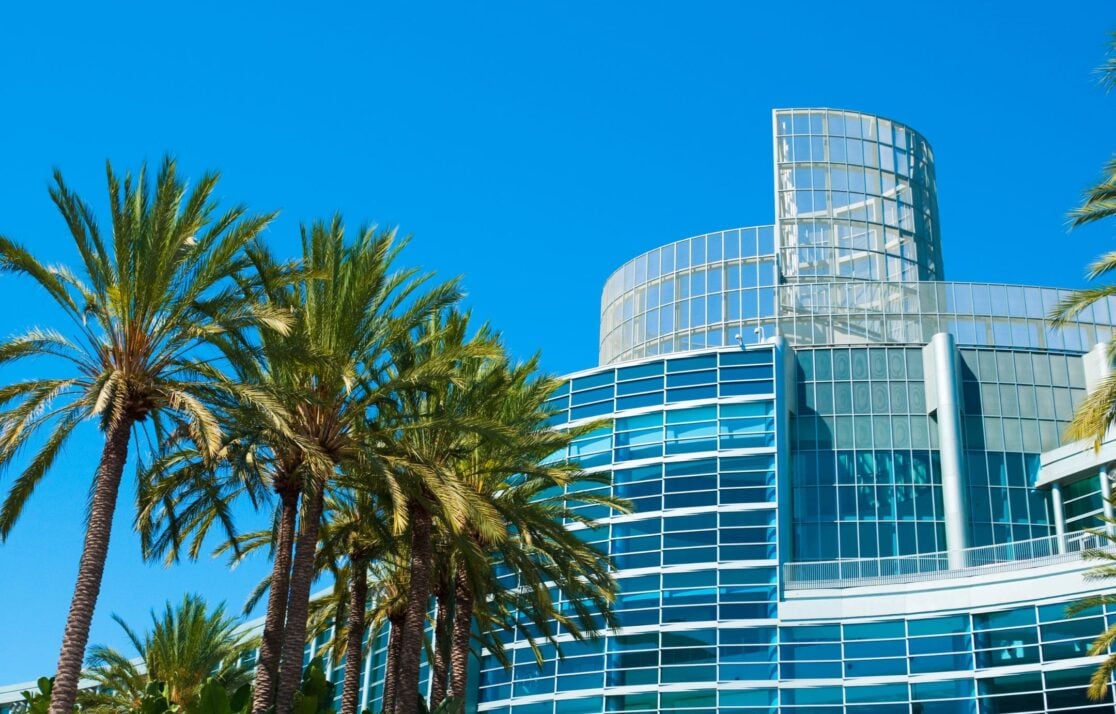 Anaheim Convention Center and palm trees